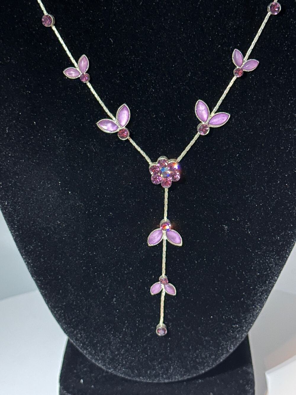 Purple Rhinestone Floral Vine Y Necklace Silver Tone Lariat Leaf Drop